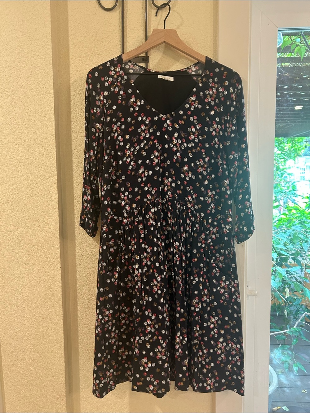 Garnet Hill Black Floral V-Neck Long Sleeve Midi Dress